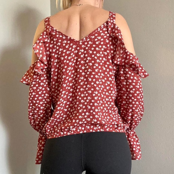 Orange & White Floral Ruffle Flowy Cold Shoulder Long Sleeve Top - Size Small - Picture 2 of 5